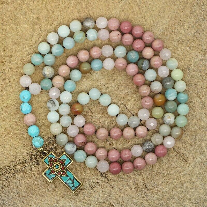 Collana "Croce Sacra" con Amazzonite, Rodonite e Quarzo - Fede e Speranza