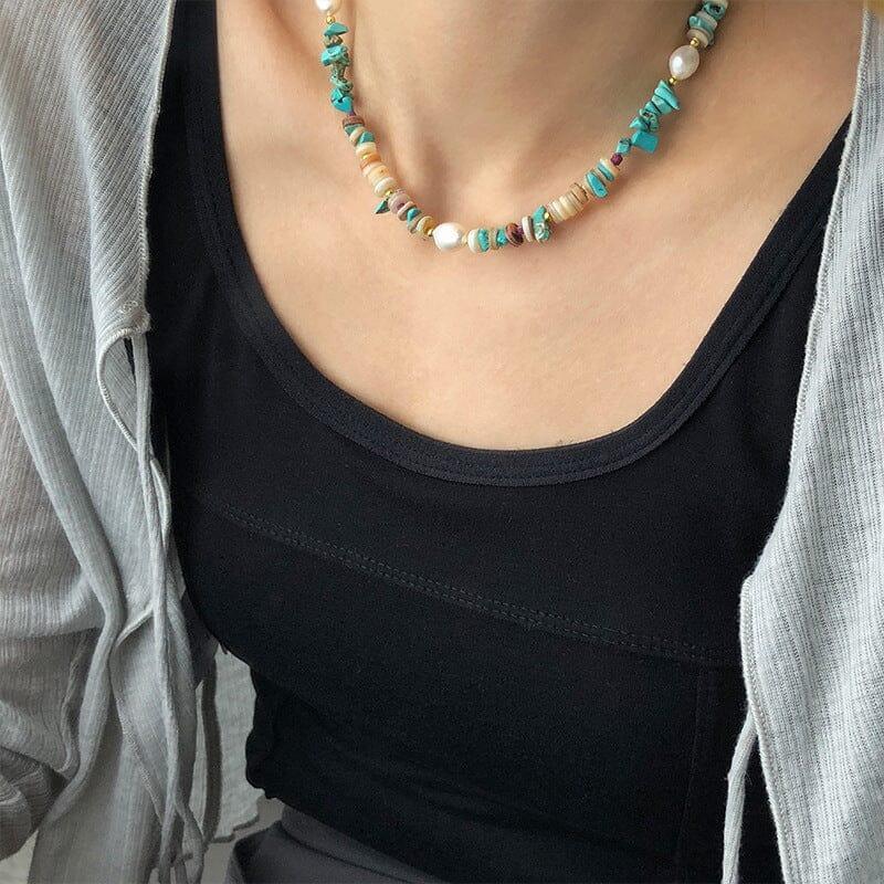 Collana a Girocollo Rustica con Turchesi e Perle d'Acqua Dolce “Melodie Oceaniche”