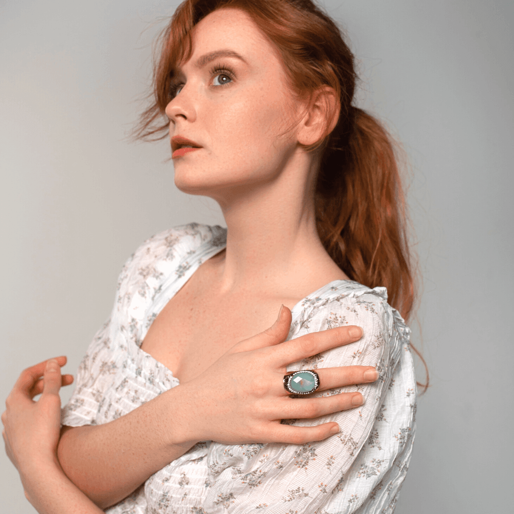 Anello Cocktail "Occhio di Mare" in Amazzonite e Corallo