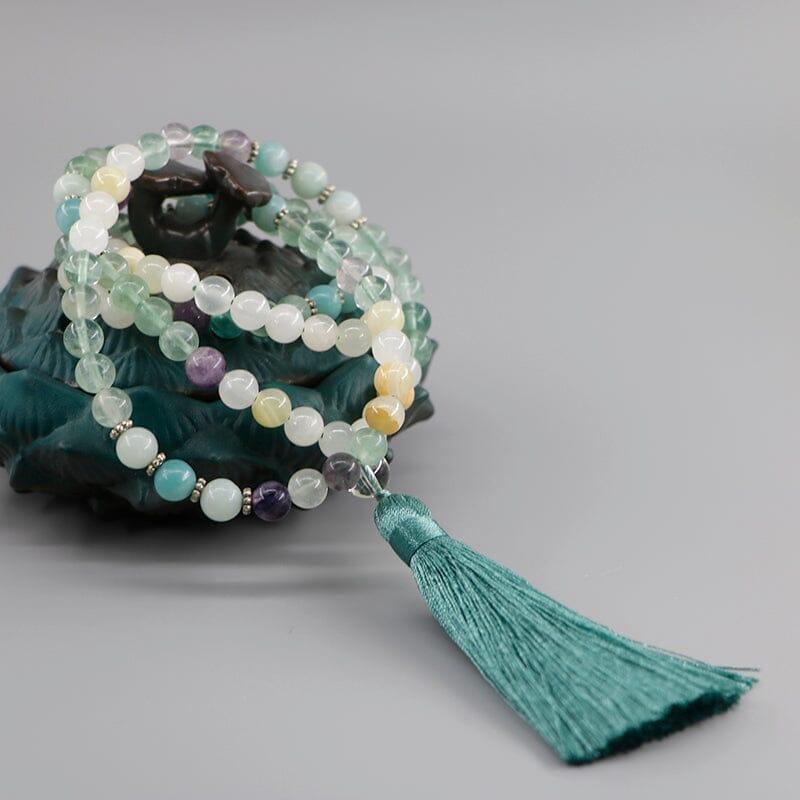 Collana Mala di Fluorite, Amazzonite e Calcedonio "Metamorfosi Interiore"