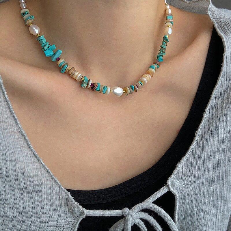 Collana a Girocollo Rustica con Turchesi e Perle d'Acqua Dolce “Melodie Oceaniche”