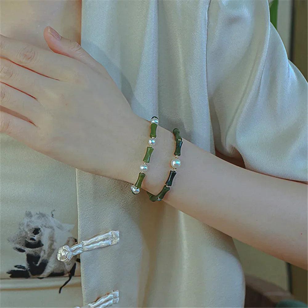 Bracciale di Giada Verde e Perle “Beatitudine di Bambù”