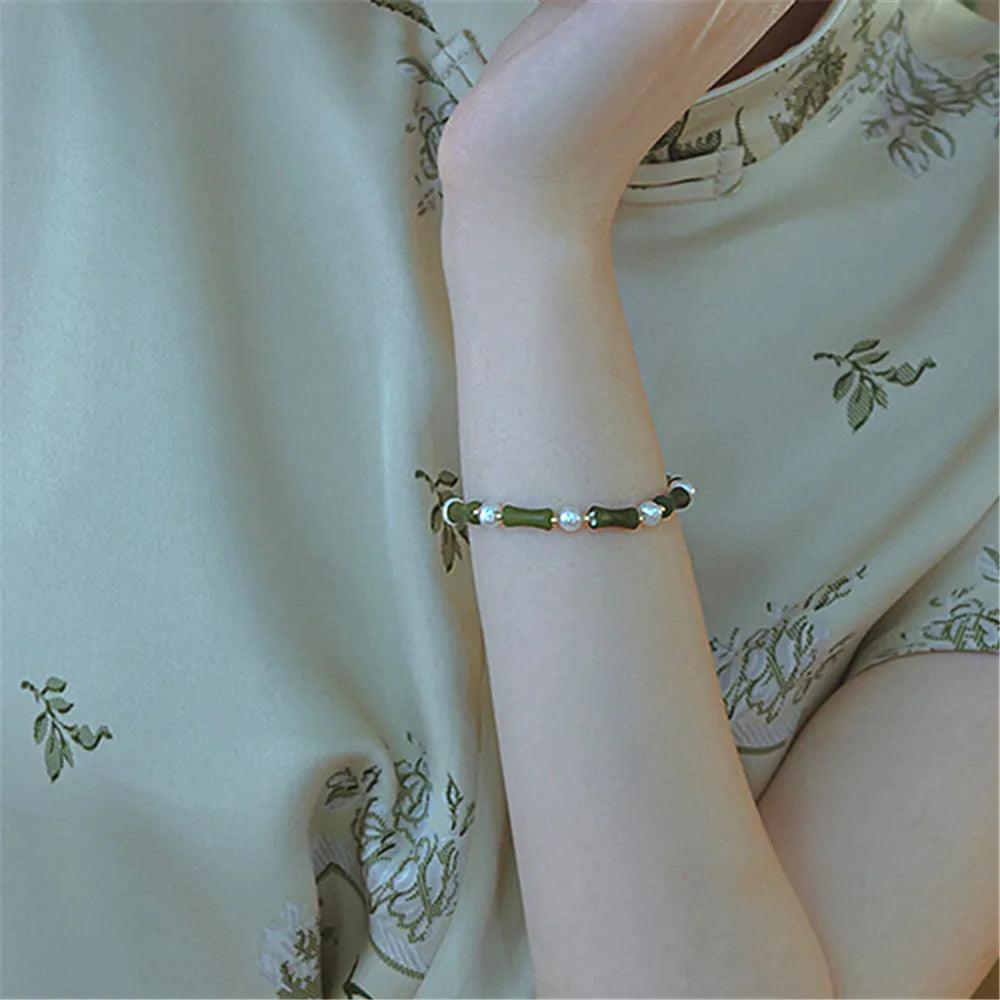 Bracciale di Giada Verde e Perle “Beatitudine di Bambù”