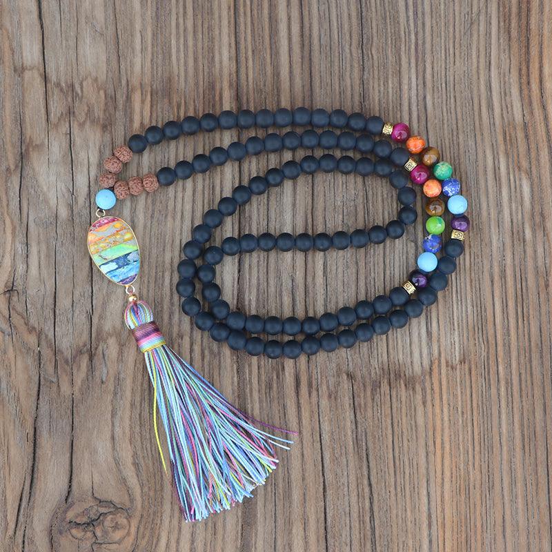 Collana Mala "Essenza degli Elementi" con Perle Opache e Chakra Arcobaleno