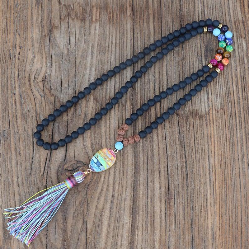 Collana Mala "Essenza degli Elementi" con Perle Opache e Chakra Arcobaleno