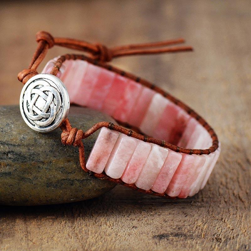 Bracciale "Boho Chic" in Pelle Rosa e Opale