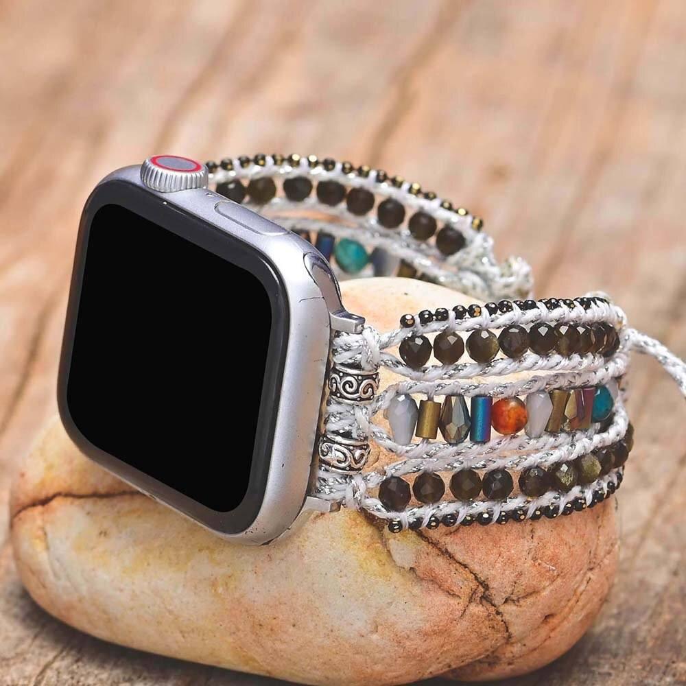 Cinturino per Apple Watch in Ematite e Ossidiana Dorata "Prosperità Radiante"