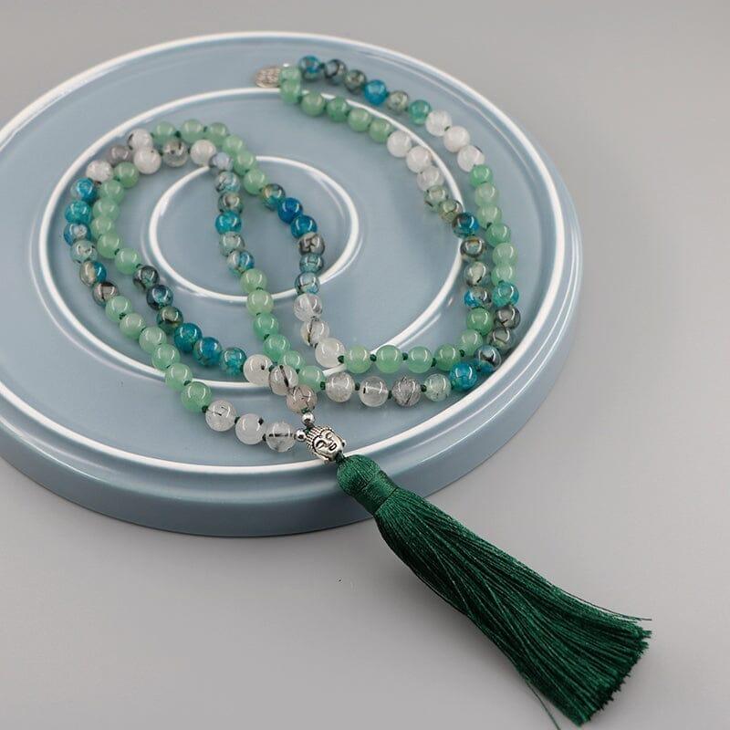 Collana Mala in Avventurina Verde, Quarzo Nero e Agata Blu "Flusso di Energia Vitale"