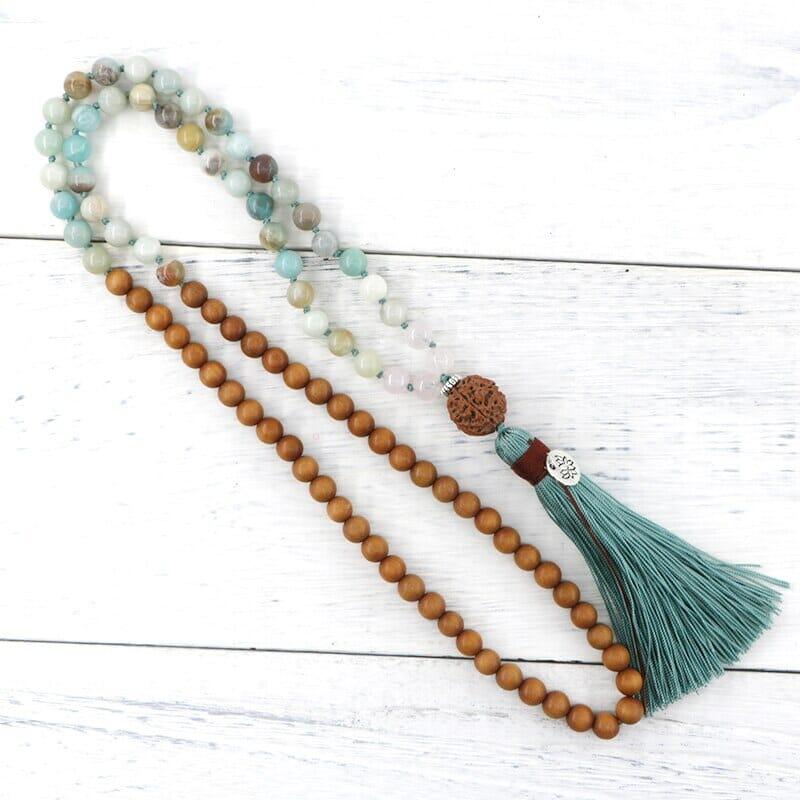 Collana Mala "Dolce Rilassamento" con Amazzonite e Perle di Legno di Sandalo