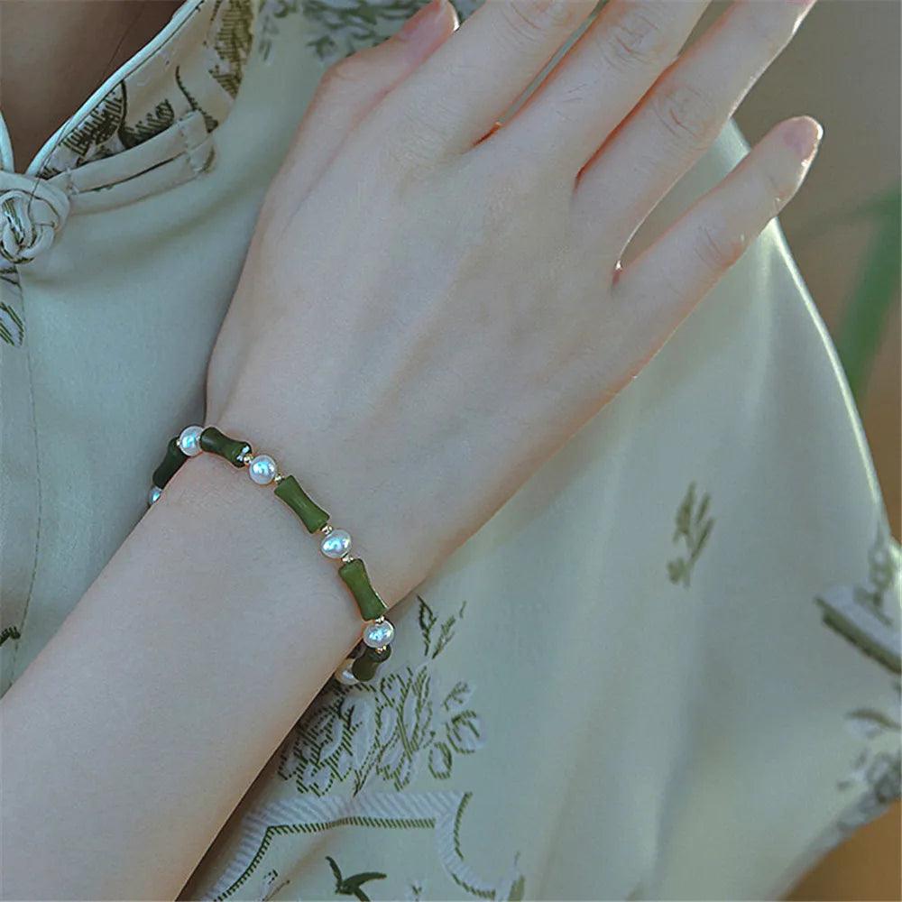 Bracciale di Giada Verde e Perle “Beatitudine di Bambù”